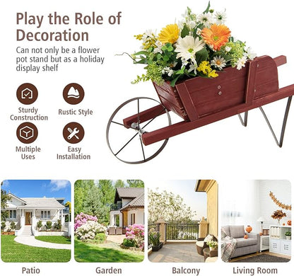 Wooden Wagon Planter, 27.5"x10.5"x11.5" Wheelbarrow Cart Plant Pot with Halloween Decoration & Metal Supports, Single Wheel Movable Garden Flower Cart Planter for Yard, Backyard (Red)