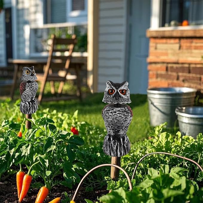 Hausse 2 Pack Fake Owl Decoy Bird Scarecrow Sculpture, 11.2 inch Wagging Head Plastic Owl Scare Birds Away, Owls Statue Nature Enemy Horned Pest Repellent for Outdoor Garden Yard