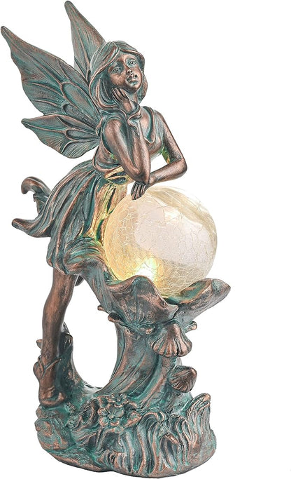 TERESA'S COLLECTIONS Fairy Garden Statues Outdoor Solar Light for Outdoor Decor, Patina Bronze Fairy Resin Garden Decor Sculptures with Crackle Glass, Lawn Ornaments Yard Decor Gifts for Mom, 12.4"