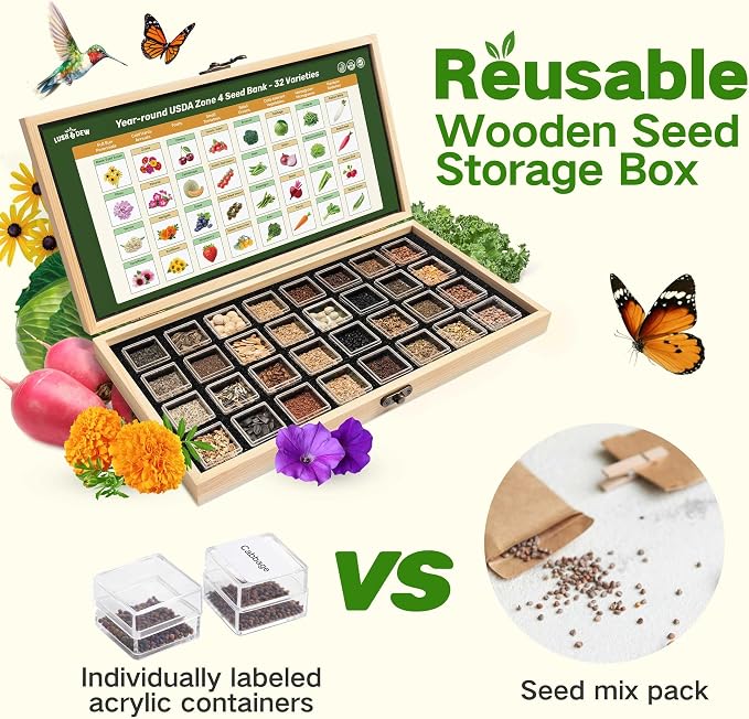 USDA Zone 4 Seed Bank, 32 Varieties Non-GMO Heirloom Vegetable Herb Seeds | Gardening Gifts for Women Men, Emergency Survival Seed Vault Kit for Planting in Raised Garden Bed Greenhouse, Gardener Gifts