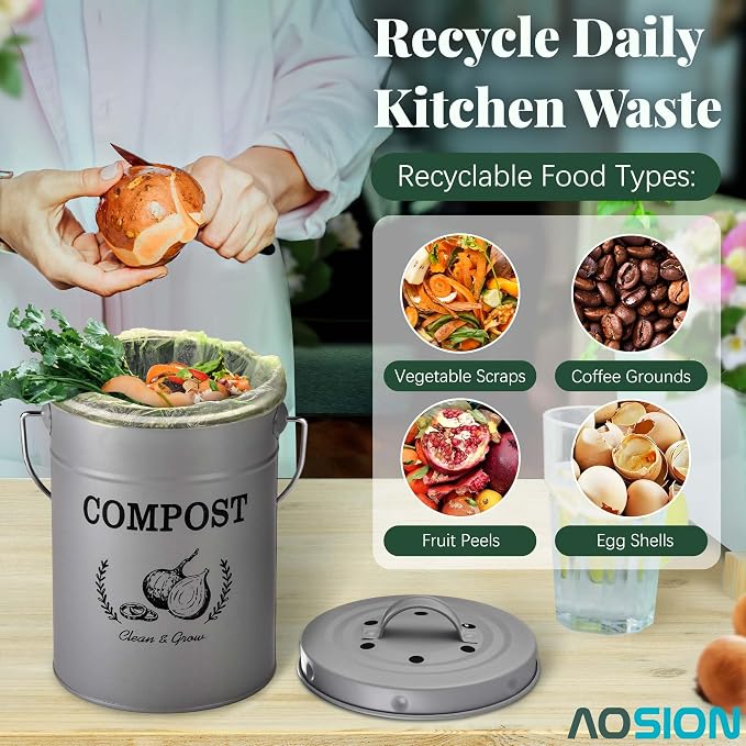 AOSION 1 Gallon Countertop Compost Bin for Kitchen with Lid,Odor Resistant | Farmhouse compost bin with charcoal filter,inner bucket and bags,easy kitchen food waste storage