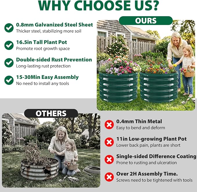 24" Diameter Round Raised Garden Bed - 17 Inch Tall, Heavy-Duty Galvanized Steel Planter Box with Wave-Shaped Panels for Vegetables, Herbs & Flowers (2, Green, 24 Inch Diameter)