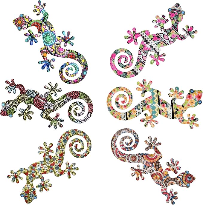 Akulgaci 6 Pack Metal Gecko Wall Art, 8" Colorful Lizard Garden Decorations for Fence Patio Tree Porch, Outdoor Yard Art Wall Hanging Decor, Boho Tropical Mexican Talavera Style