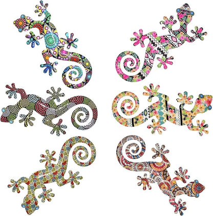 Akulgaci 6 Pack Metal Gecko Wall Art, 8" Colorful Lizard Garden Decorations for Fence Patio Tree Porch, Outdoor Yard Art Wall Hanging Decor, Boho Tropical Mexican Talavera Style