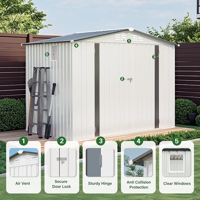 YOPTO Sheds & Outdoor Storage 6X8 FT,Metal Waterproof Tool Sheds with Side Window and Lockable Door,Backyard Buildings House W/Pitched Roof & Vents,for Garden,Lawn,Garbage Enclosure,White+Gray