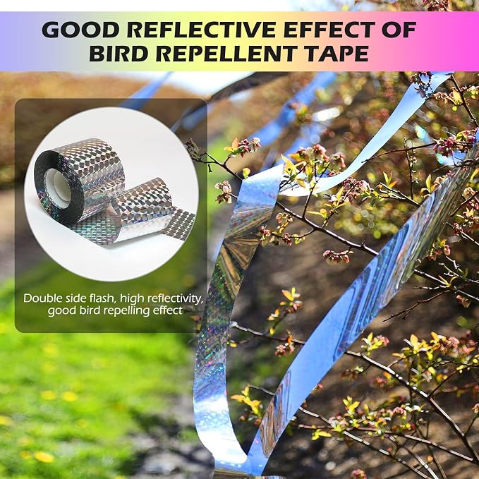 Ruolan Bird Scare Tape Ribbon,Reflective Tape Keep Birds Away Outdoor,Double Side Bird Flash Tape, Scare Geese, Pigeon, Duck, Woodpecker (1400FT)