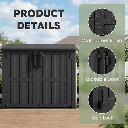 LHBcraft 36 Cu Ft Outdoor Storage Cabinet, Horizontal Resin Storage Shed Box for Backyards, Patios, Portable Waterproof Outdoor Storage Box with Lockable Doors, Ashen