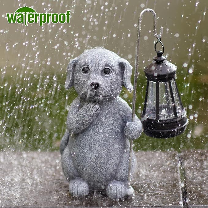 Qeeman Solar Dog for Garden Decor: Weatherproof Resin Statues | Warm Glow Lantern Outdoor Decoractions for Yard Pathway Patio Porch Balcony Front, Gifts for Mom Grandma Lovers