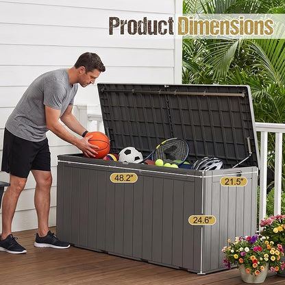110 Gallon Deck Box Outdoor Indoor Waterproof Storage Box for Patio Furniture, Pool Accessories, Garden Tools, and Cushion Storage, Coffee