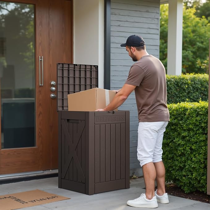 Greesum 52 Gallon Large Outdoor Package Delivery Box for Porch, Lockable Secure Double-Wall Resin Storage Box, Waterproof Deck Box for Package Protection, Brown