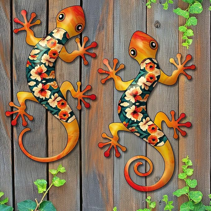 Metal Gecko Outdoor Decor -2 Pack 11.8 inch Metal Lizard Wall Art Hanging Sculpture Decoration for Indoor or Outdoor, Garden Yard Fence Porch Wall Decor