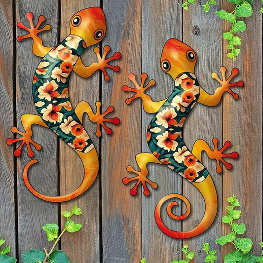 Metal Gecko Outdoor Decor -2 Pack 11.8 inch Metal Lizard Wall Art Hanging Sculpture Decoration for Indoor or Outdoor, Garden Yard Fence Porch Wall Decor