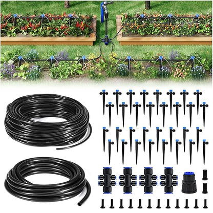 HIRALIY 200FT Drip Irrigation System Kit, Quick-Connect Garden Watering System with 33FT Main Hose and 167FT 1/4" Tubing, Adjustable Drippers for Raised Beds, Greenhouse, Patio & Lawn