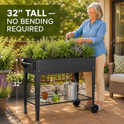 LEETOLLA Elevate 32" Tall Raised Garden Bed Outdoor with Wheels & Shelf for Mobility, 400LBS Capacity, Anti-Rust Steel Planter Box for Vegetables/Herbs, Patio-Balcony-Backyard
