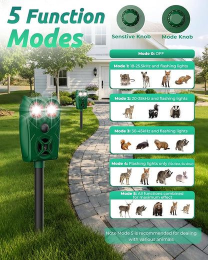 Solar Ultrasonic Animal Repellent with Motion Sensor - Waterproof Deer Repellent Device with LED Lights for Yard, Effective Against Deer, Coyotes, Raccoons & Cats (2, Green)