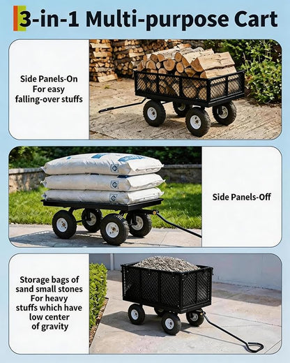 GarveeTech 400LBS Heavy Duty Steel Garden Cart, Garden Wagon Cart on Wheels, Metal Yard Utility Wagon with Removable Mesh Sides, 10" All Terrain Tires, 180° Rotating Handle for Lawn, Garden, Farm