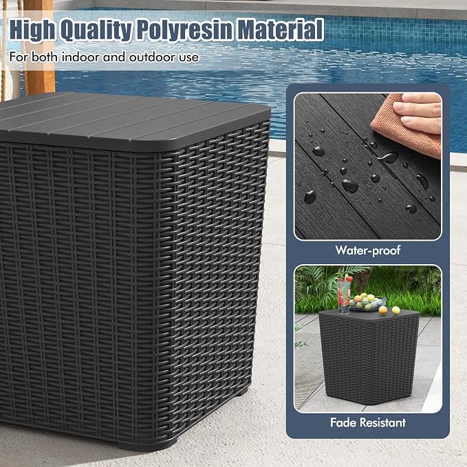 Tangkula 11.5 Gallon Water-proof Deck Box, Outdoor Patio Storage Box w/Removable Lid &, Faux Rattan Storage Container Side Table, All Weather Patio Furniture Extra Seat for Poolside (Black)