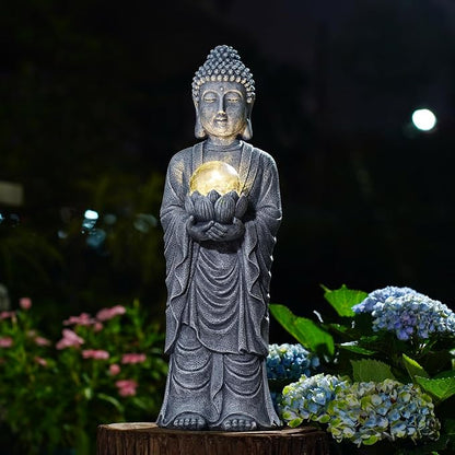 Goodeco Buddha Statue with Solar Lotus – 18.2 Inch Tall Large Garden Buddha Statue for Outside, Outdoor Zen Garden Statues
