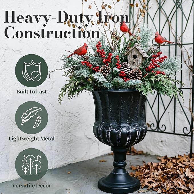 Worth Garden 25" H. Metal Urn Planters 1-Pack - Black Classic Antique Iron Plant Pots - Large Decorative Rustic Flower Pots for Outdoor Use - Traditional Urn Planter for Patio, Front Porch