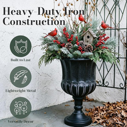 Worth Garden 25" H. Metal Urn Planters 1-Pack - Black Classic Antique Iron Plant Pots - Large Decorative Rustic Flower Pots for Outdoor Use - Traditional Urn Planter for Patio, Front Porch