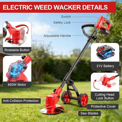 Electric Weed Wacker, 650W Cordless Weed Trimmer with Wheels, 2x2.0Ah 21V Battery Powered Weed Eater, String Trimmer Brush Cutter, Lawn Mower Edger Lawn Tool for Garden Yard