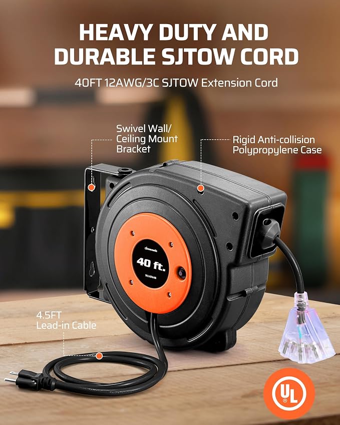 DEWENWILS Retractable Extension Cord Reel, 40 FT Heavy Duty Power Cord, 12AWG/3C SJTOW, 3 Grounded Outlets Lighted Triple Tap, 15 Amp Circuit Breaker, UL Listed