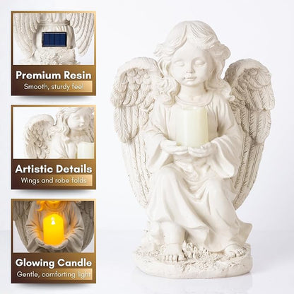 TIALLY Solar Angel Garden Statue with Glowing Candle – Large Angel Figurines with Soft Glow, Weatherproof Outdoor Statues for Memorial Decor, Yard, Lawn or Cemetery Use, Angels Gifts for Women