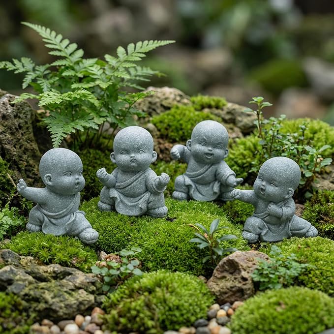 4pcs Mini Buddha Statue, Small Aquarium Decoration, Feng Shui Zen Monk Sandstone Sculpture, Cute Fish Tank Ornament for Home Garden