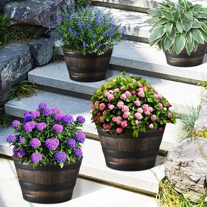 YI 4 Pack Whiskey Barrel Garden Planters 13” Rustic Oak Resin Planter for Indoor & Outdoor Plant Flower Pot