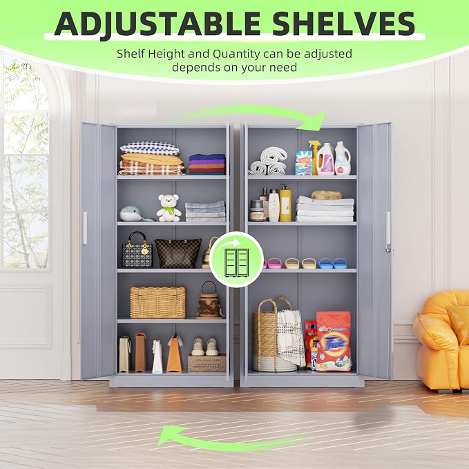 INTERGREAT Metal Storage Cabinet, 72" Locking Steel Cabinets with 2 Door and 4 Adjustable Shelves, Tall Metal Cabinet for Home Office, Garage, Warehouse,(Cement)