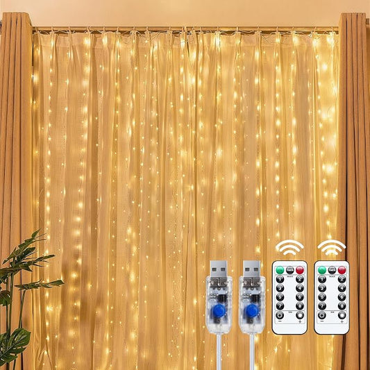 Brightown 2 Pack 300 LED Fairy Curtain Lights, 9.8ft x 9.8ft String Lights | USB Plug in 8 Lighting Modes Christmas String Hanging Lights with Remote for Bedroom Indoor Outdoor Party Xmas Warm White