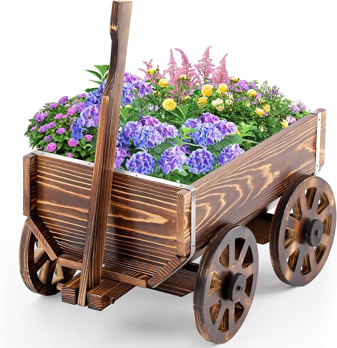 Beeveer Wooden Wagon Flower Planter Cart Garden Planter Box with Wagon Wheels Cart for Home Garden Outdoor Balcony Decorative, Patio Flowers Herbs Vegetables, Brown 34 x 23.5(Small Classic)