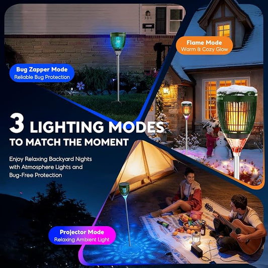 Solar Bug Zapper Outdoor, Mosquito Zapper with Flame Light & RGB Projector | Solar Powered & USB Rechargeable, IP65 Waterproof 4200V Electric Mosquito Killer for Yard Garden Camping 2000 Sq Ft