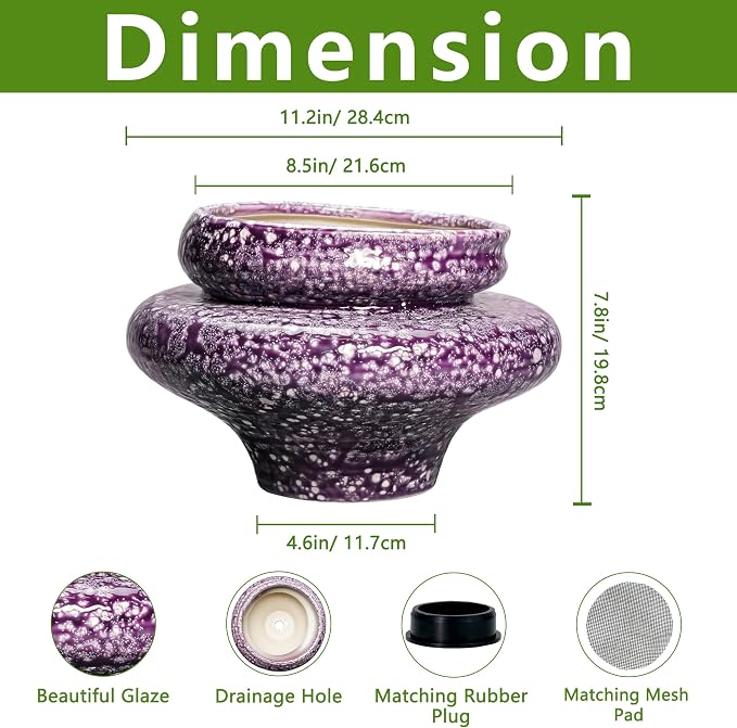 Ceramic Planters - 11 Inch Ceramic Pots for Plants with Drainage Hole, Decorative Planters for Indoor Outdoor, Unique Flower Pots, Garden Office House Decor, Gifts for Plants Lover, Purple