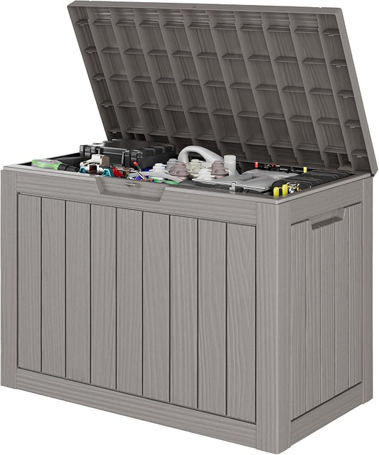 Outdoor Storage Box, 45 Gallon Deck Box with Lockable Lid, Waterproof Resin Storage Bin for Cushions, Garden Tools, Patio Furniture, Grey