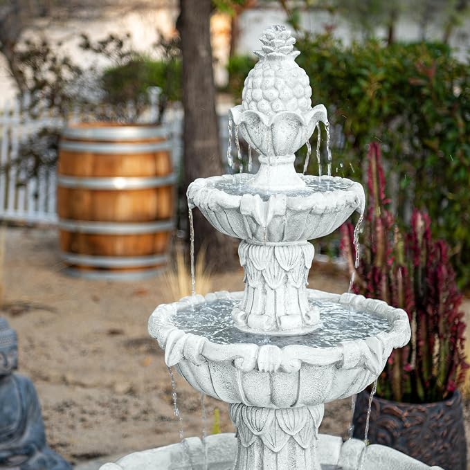 XBrand 58.3" 3-Tier Outdoor Freestanding Water Fountain - Classic Leaf Design, White Resin, Large Bird Bath with Pump - Ideal for Yard, Lawn and Garden, Porch Décor