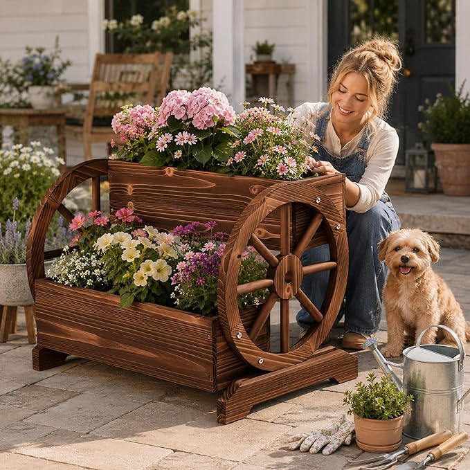 24" Extra Large Rustic 2-Tier Wooden Wagon Planter Box | Carbonized wood flower cart with 2 tiers, drainage holes, liner, and wagon wheels for porch, patio, and garden decor