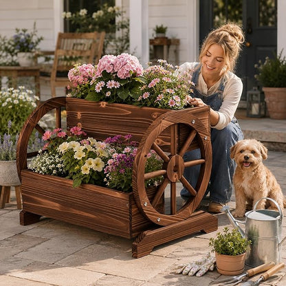 24" Extra Large Rustic 2-Tier Wooden Wagon Planter Box | Carbonized wood flower cart with 2 tiers, drainage holes, liner, and wagon wheels for porch, patio, and garden decor
