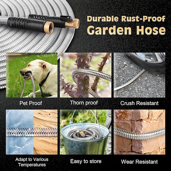 Metal Garden Hose 50FT Stainless Steel Heavy Duty Flexible Lightweight Water Hoses Pipe with 10-Function Spray Nozzle and 3/4" Solid Brass Fittings No Kink Durable for Outdoor Yard & Lawn