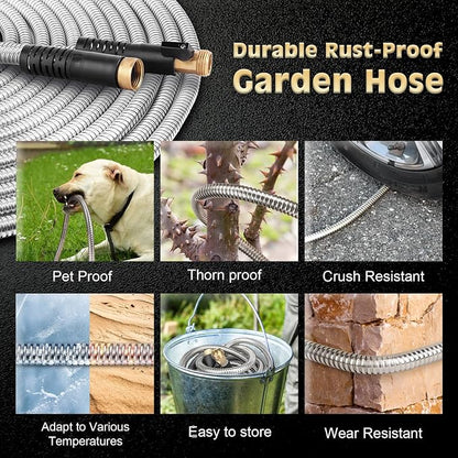 Metal Garden Hose 50FT Stainless Steel Heavy Duty Flexible Lightweight Water Hoses Pipe with 10-Function Spray Nozzle and 3/4" Solid Brass Fittings No Kink Durable for Outdoor Yard & Lawn