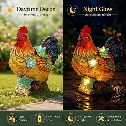 Solar Garden Statues Colorful Rooster and LED Lights Birthday Gifts for Women Mom Grandma Solar Outdoor Cat Decor for Outside,Outdoor Solar Lights for Yard, Garden and Patio, Unique Gift for Women