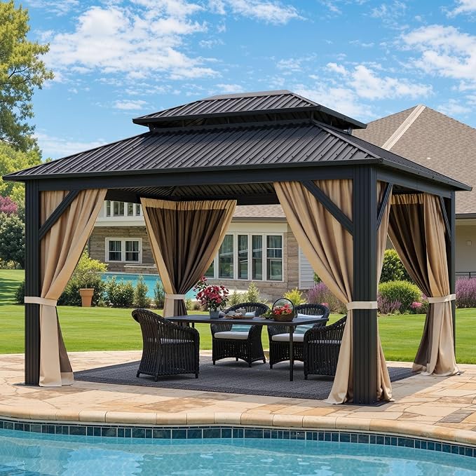 YITAHOME 12x14ft Gazebo Double Roof Hardtop Heavy Duty w/Nettings,Curtains | Upgraded Outdoor Canopy Aluminum Column Galvanized Steel Vertical Stripes Roof for Patio, Backyard, Deck, Lawns, Brown