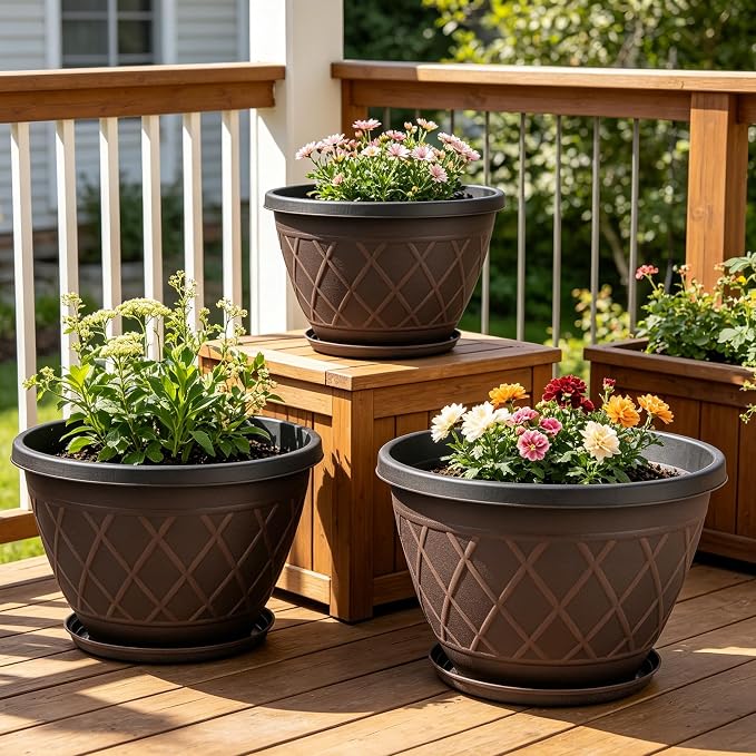 4 Pack 16 Inch Large Plant Pots, Plastic Flower Pots for Indoor & Outdoor with Drainage Holes & Saucer, Imitation Diamond Pattern Design Planters Garden Pots for Herbs (Brown)