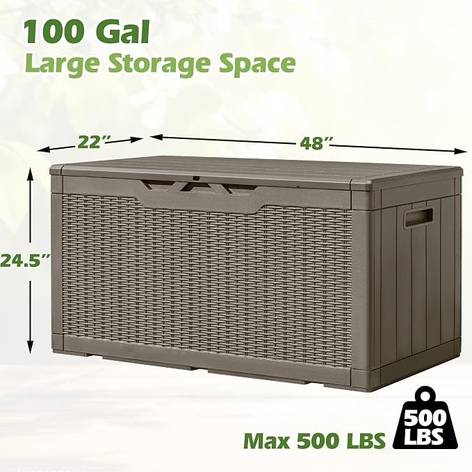 Greesum 100 Gallon Resin Deck Box Large Outdoor Storage, Imitation Rattan Weave Texture for Patio Furniture, Garden Tools, Pool Supplies, Weatherproof and UV Resistant, Lockable, Light Coffee