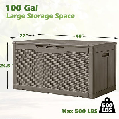 Greesum 100 Gallon Resin Deck Box Large Outdoor Storage, Imitation Rattan Weave Texture for Patio Furniture, Garden Tools, Pool Supplies, Weatherproof and UV Resistant, Lockable, Light Coffee