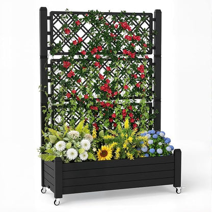 PatioZen Raised Garden Bed with Trellis, 21 Gallon Self Watering Planter Box with Lockable Wheels & Drainage Holes for Climbing Plants Vegetables Flowers, Anti-Rust Resin for Backyard Patio (Black)