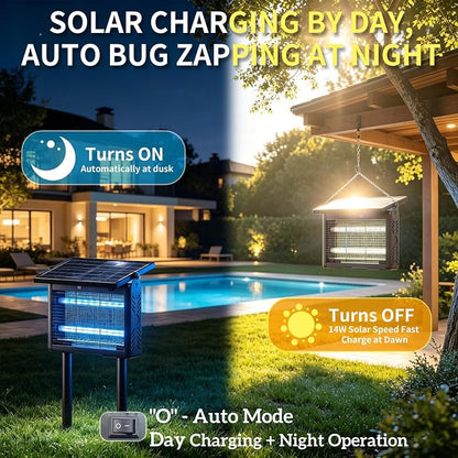 Solar Bug Zapper Outdoor Cordless, 7500mAh Battery | 365-395nm UV Light, IPX5 Waterproof, Dusk-to-Dawn Sensor, 1 Acre Coverage, Black, for Outdoor Indoor Use (14.5inch)