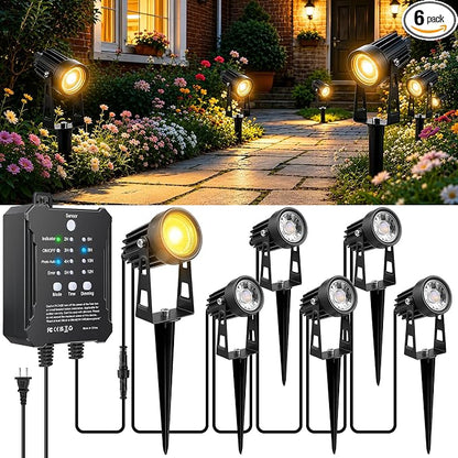 All-in-One Low Voltage Landscape Lighting Kit, 6-Pack LED Landscape Lights with Smart Transformer, 55FT Pre-Wired Cable, IP65 Waterproof Outdoor Spotlights, 3000K Warm White for Yard Garden Pathway