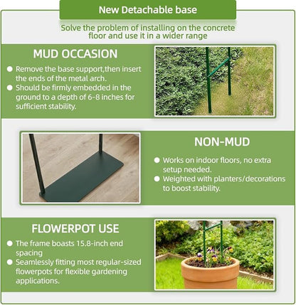 Thickened Metal Garden Arch with Detachable Base, 16mm Rust-Resistant Archway for Climbing Plants, Dual Size Convertible Arbor for Wedding & Party & Garden Decoration
