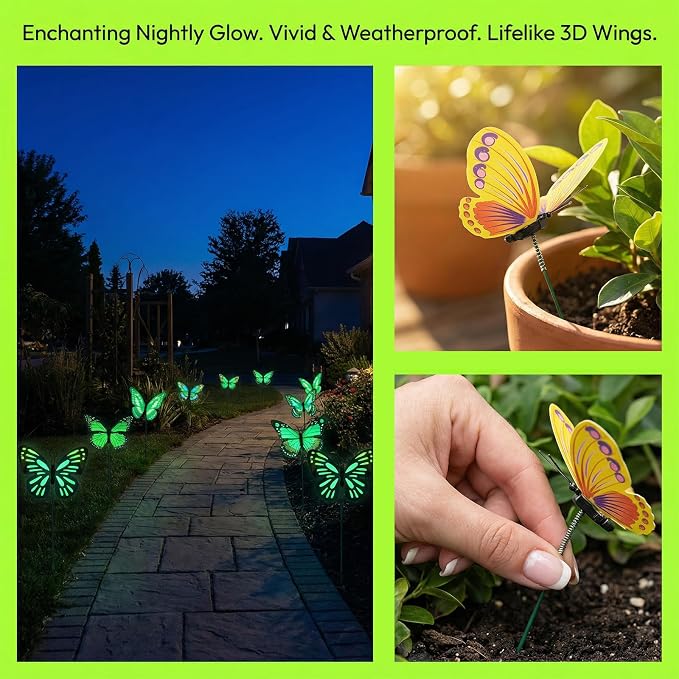 30PCS Luminous Butterfly Garden Decor Butterfly Stakes for Garden Favors | 3D Waterproof Reusable Artificial Butterflies for Flower Arrangements Outdoor Indoor Spring Garden Decor